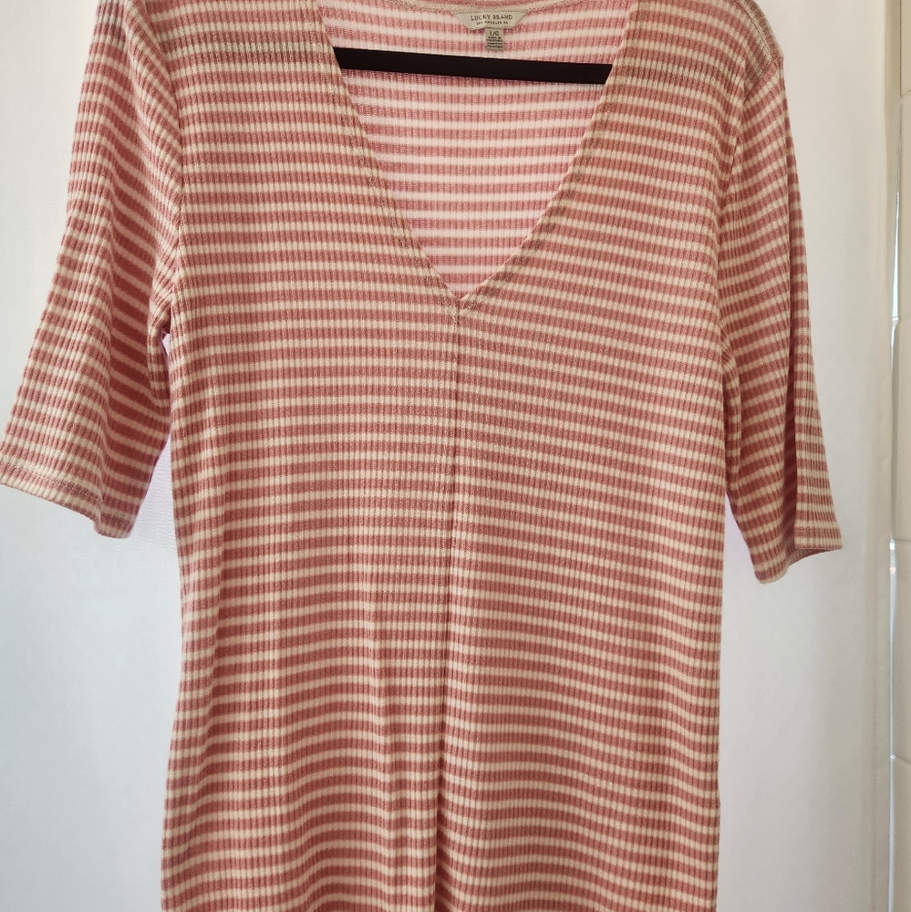 Short Sleeve Pink/Cream Striped V-Neck Tee by Lucky